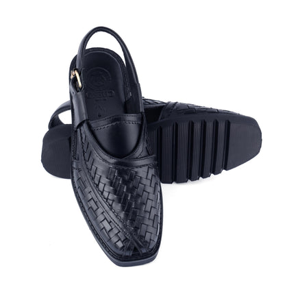 Khyber 15 Jet Black woven Peshawari sandals showing leather upper and durable tread outsole