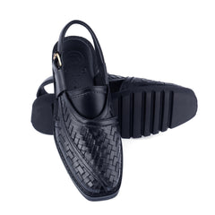 Khyber 15 Jet Black woven Peshawari sandals showing leather upper and durable tread outsole
