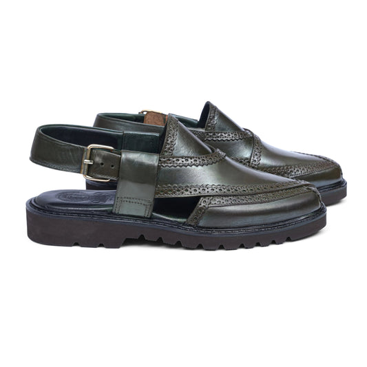 Pair of Khyber 16 Olive Heritage leather Peshawari sandals with brogue detailing and buckle straps
