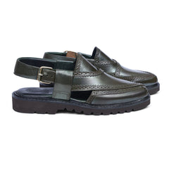 Pair of Khyber 16 Olive Heritage leather Peshawari sandals with brogue detailing and buckle straps