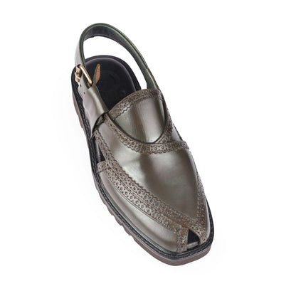 Angled view of Khyber 16 Olive Heritage leather Peshawari sandal for men