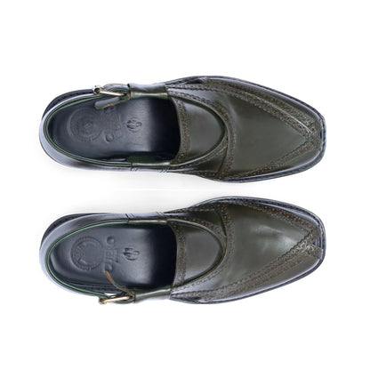 Top view of Khyber 16 Olive Peshawari sandals showing square toes and heritage brogue accents