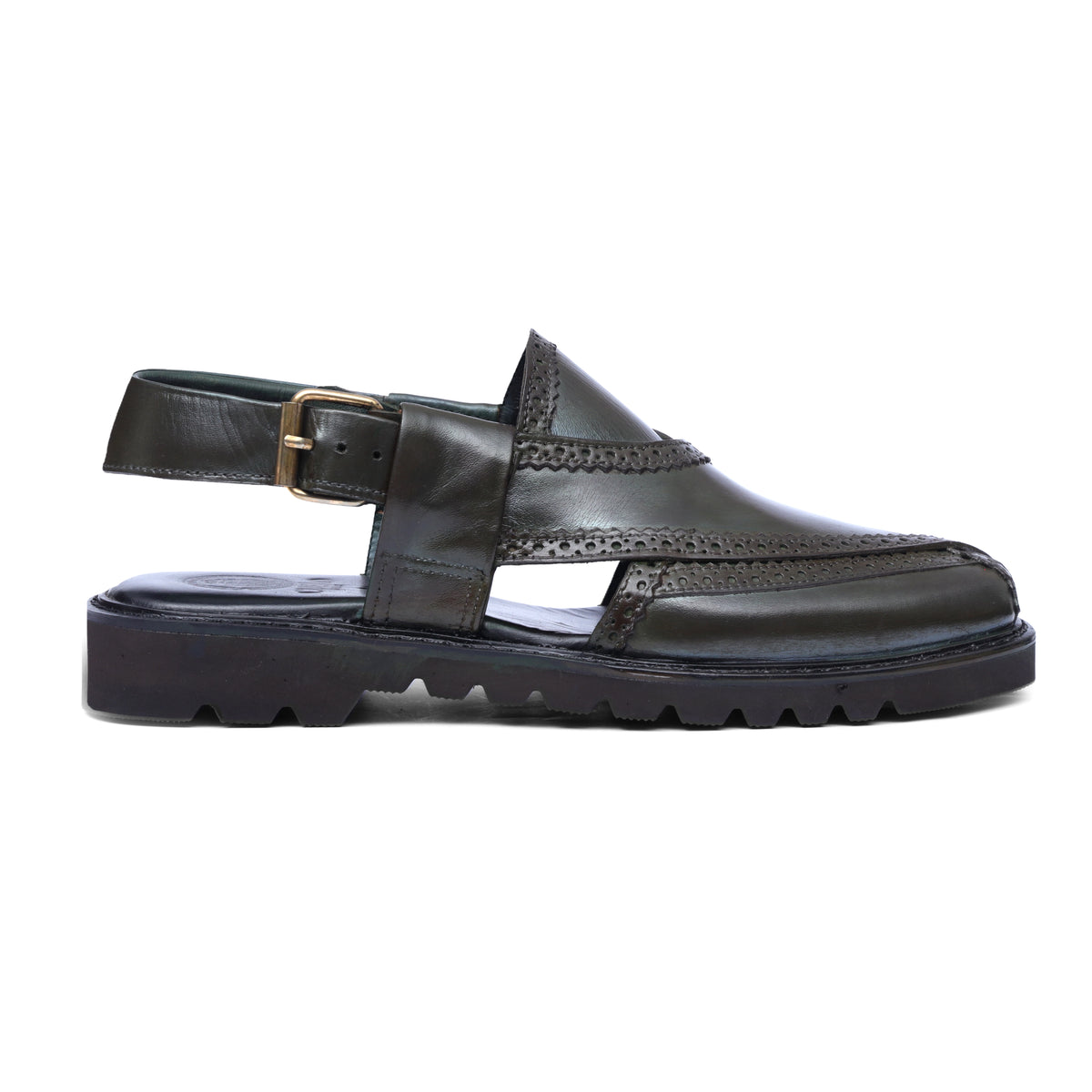 Side view of Khyber 16 Olive leather Peshawari sandal with decorative brogue detailing