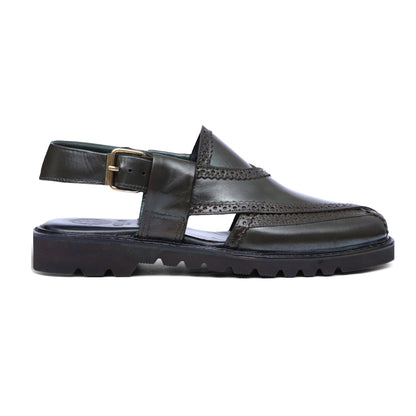 Side view of Khyber 16 Olive leather Peshawari sandal with decorative brogue detailing