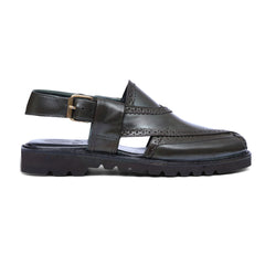 Side view of Khyber 16 Olive leather Peshawari sandal with decorative brogue detailing