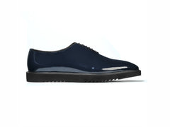Lucifer Cueřo Grand Atelier navy blue patent leather formal dress shoes side profile view showcasing refined structure, polished surface, and luxury formal aesthetic