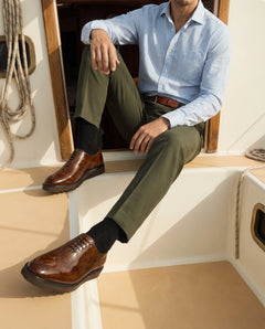 Marcellus luxury derby shoes styled with tailored outfit in editorial fashion shoot representing old money menswear aesthetic