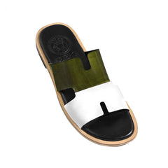 Angled view of Milan green patina luxury leather slippers for men by Cuero by HAC