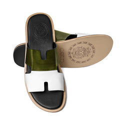 Milan green patina leather slippers showing Cuero by HAC embossed footbed and leather outsole