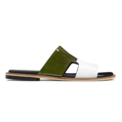Single Milan green patina leather slide sandal for men with Qadam cutwork strap