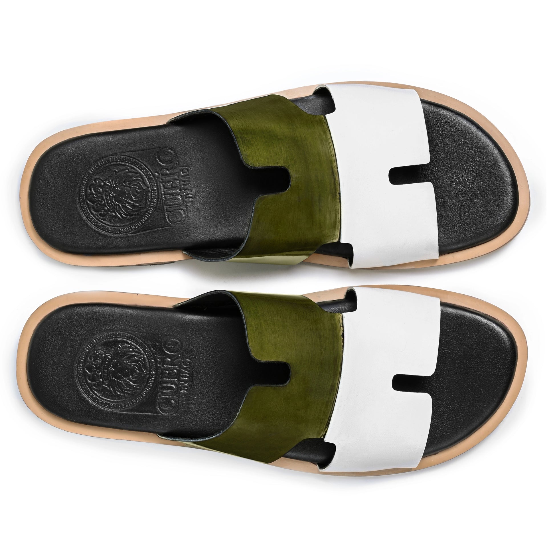 Top view of Milan green patina leather slippers for men with white strap by Cuero by HAC