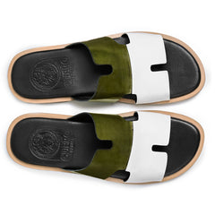 Top view of Milan green patina leather slippers for men with white strap by Cuero by HAC