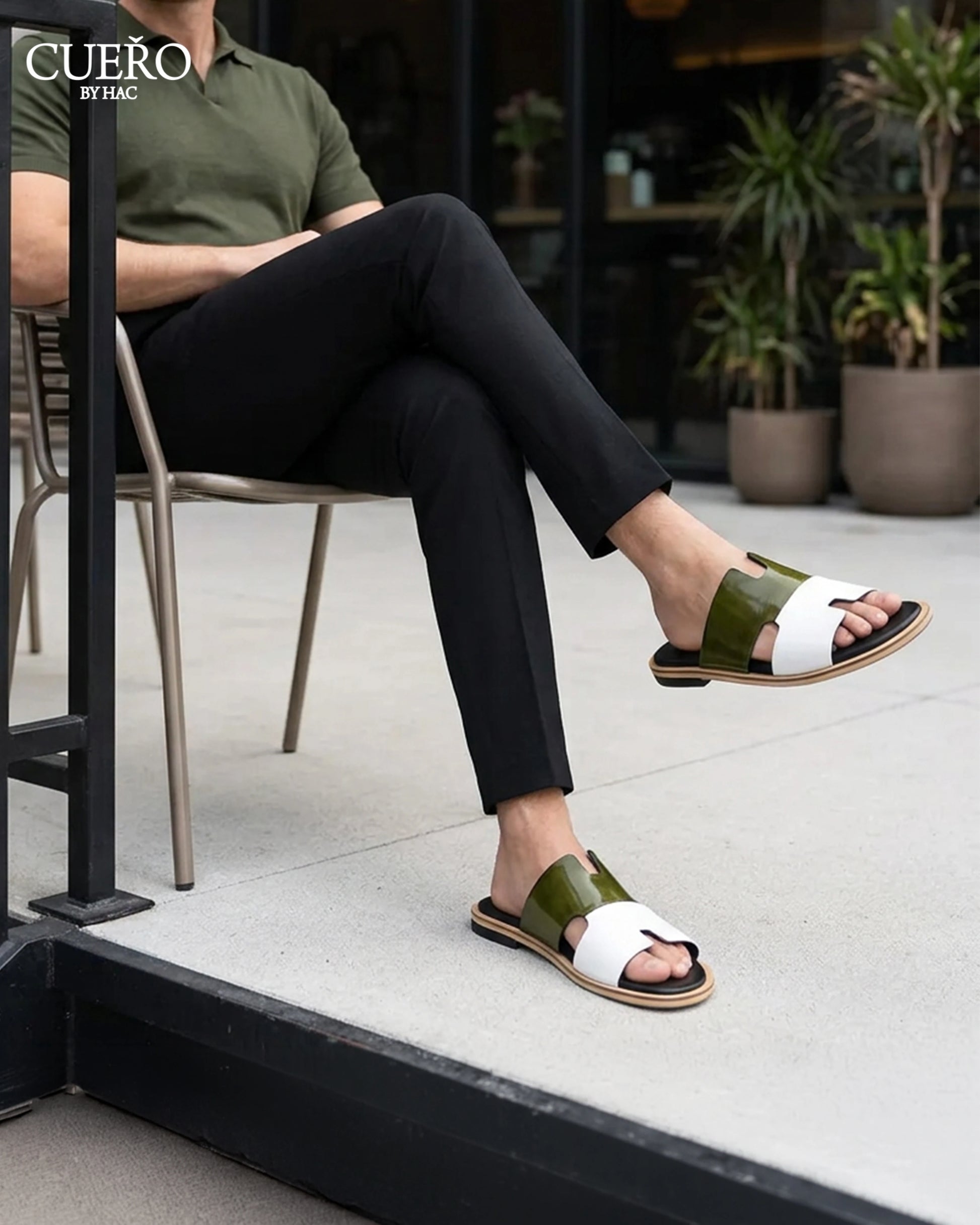 Man wearing Milan Olive White minimalist patent leather slides for men