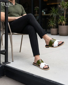 Man wearing Milan Olive White minimalist patent leather slides for men