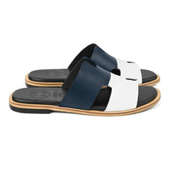 Angled pair view of Nilaan blue and white premium leather slippers for men by Cuero by HAC