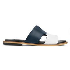 Side profile of Nilaan blue and white leather slide slippers for men from the Qadam Collection