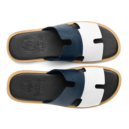Top view of Nilaan blue and white leather slippers for men from the Qadam Collection by Cuero by HAC