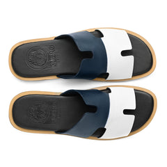 Top view of Nilaan blue and white leather slippers for men from the Qadam Collection by Cuero by HAC