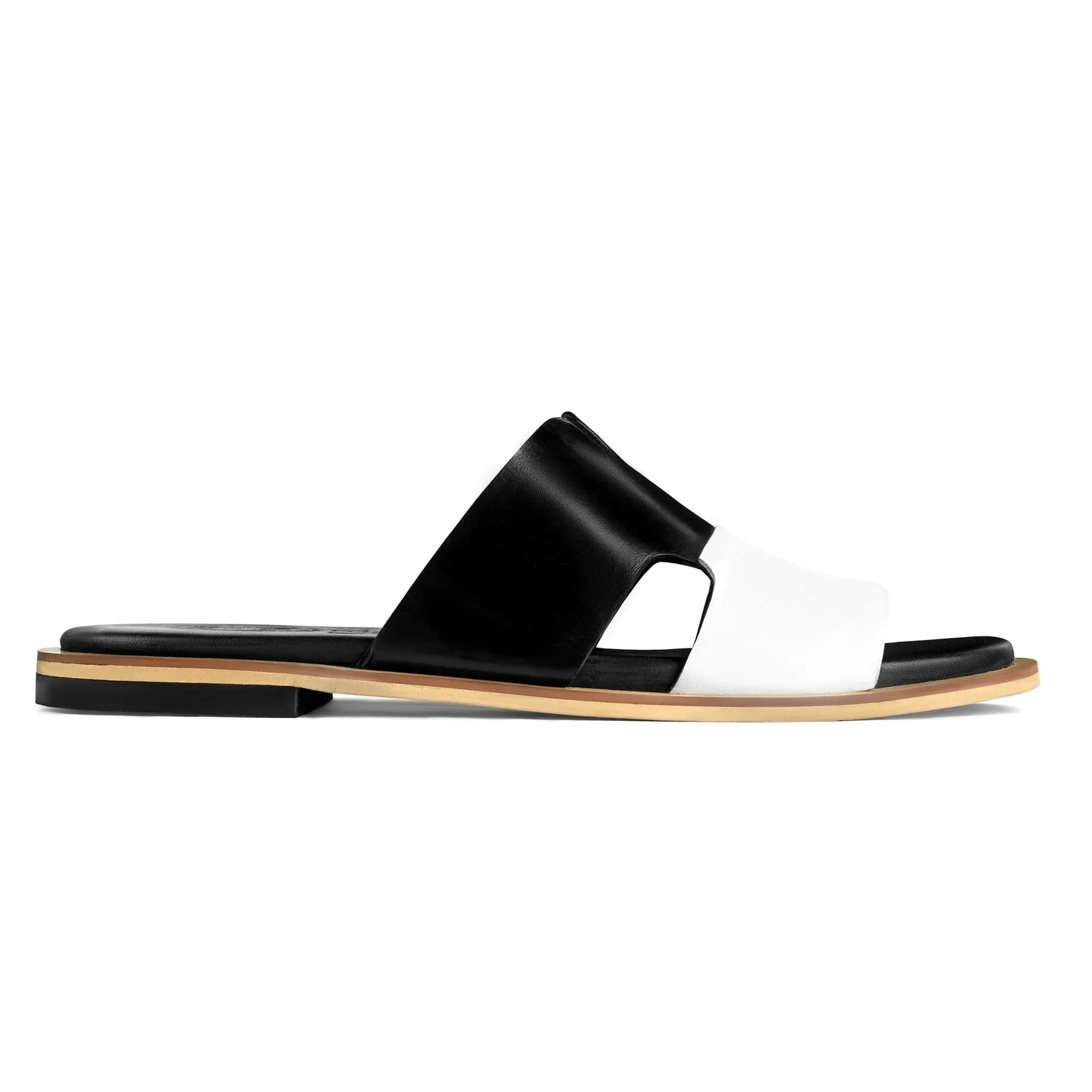 Single Nishan black and white leather slide sandal for men with Qadam cutwork strap