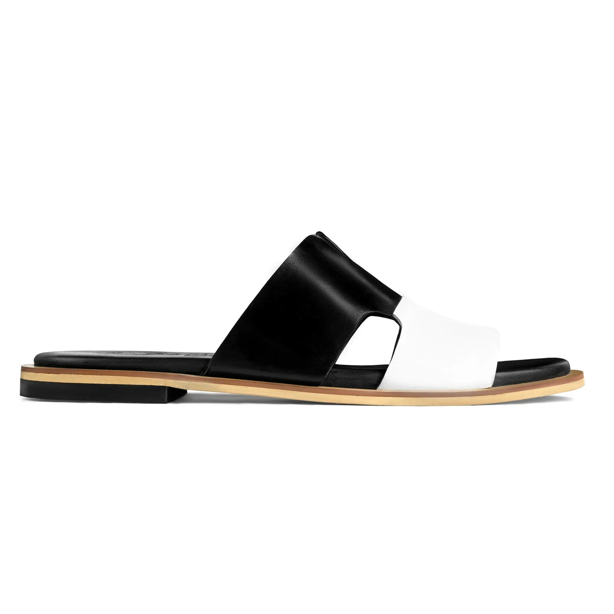 Single Nishan black and white leather slide sandal for men with Qadam cutwork strap