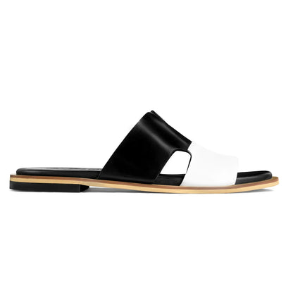 Single Nishan black and white leather slide sandal for men with Qadam cutwork strap