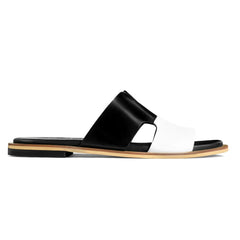 Single Nishan black and white leather slide sandal for men with Qadam cutwork strap
