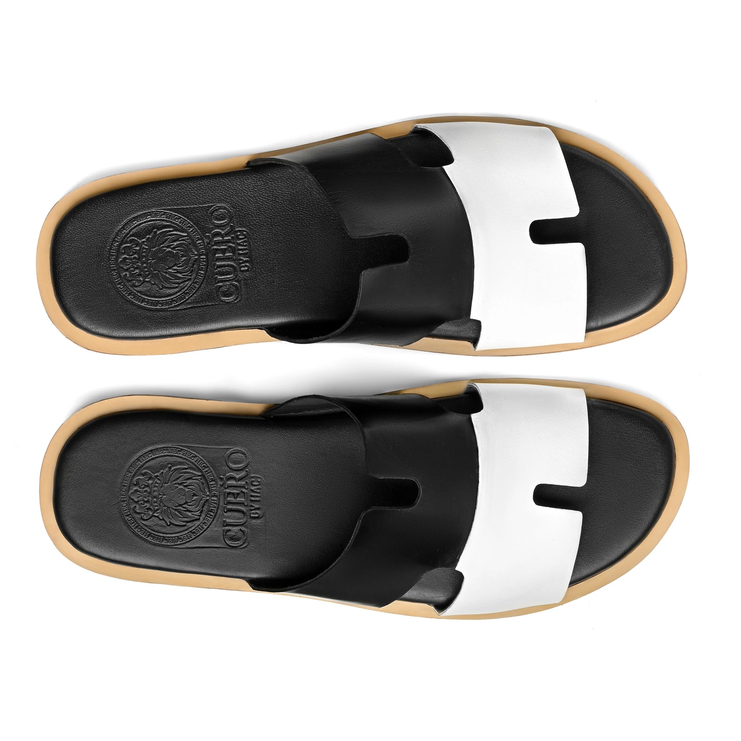 Top view of Nishan black and white leather slippers for men from the Qadam Collection by Cuero by HAC
