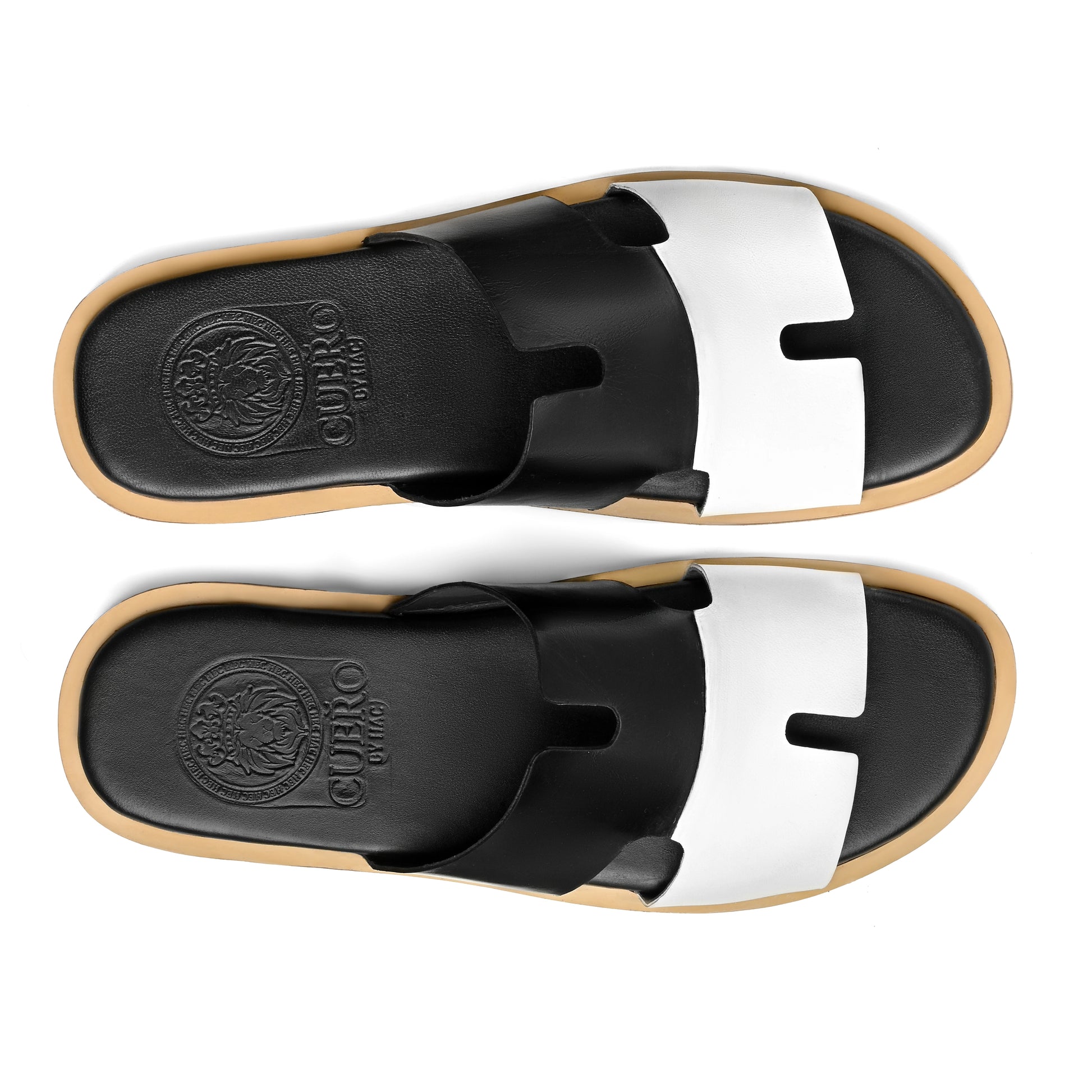 Top view of Nishan black and white leather slippers for men from the Qadam Collection by Cuero by HAC