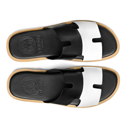 Top view of Nishan black and white leather slippers for men from the Qadam Collection by Cuero by HAC