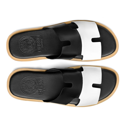 Top view of Nishan black and white leather slippers for men from the Qadam Collection by Cuero by HAC