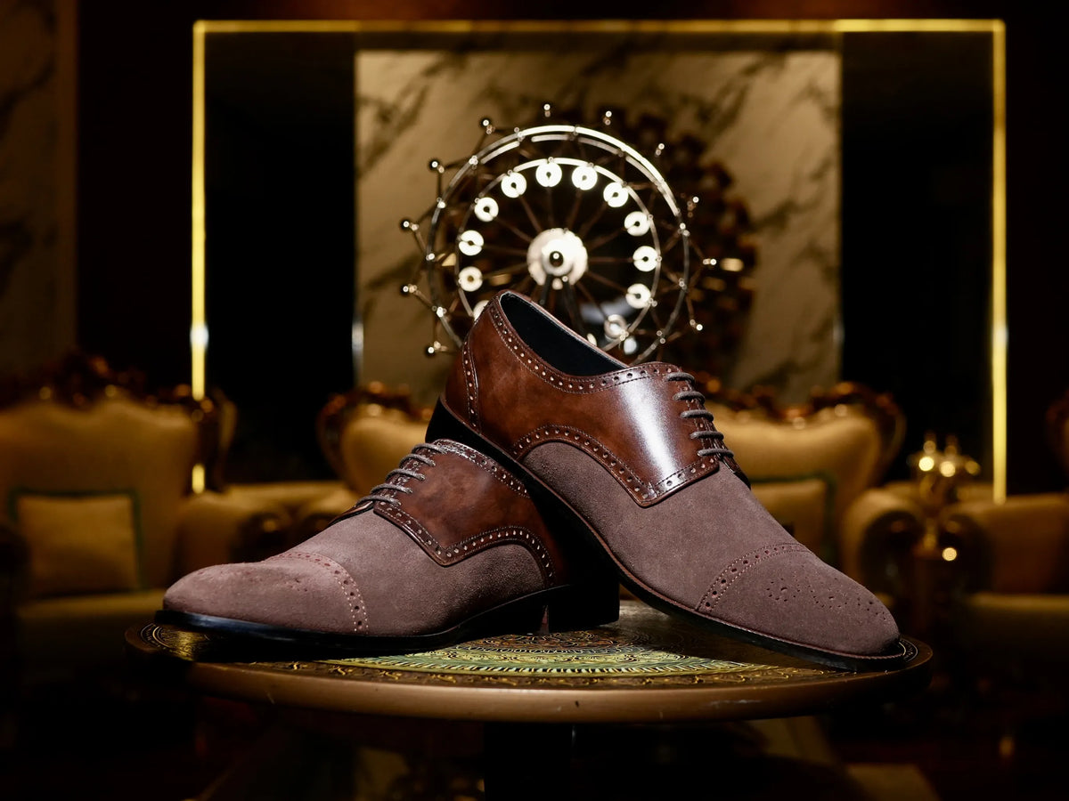 Angled view of Nobelwood Lace-up suede and leather oxford shoes highlighting premium stitching and handcrafted detailing