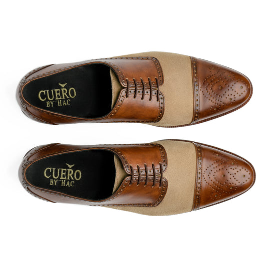 Top view of Noble Garnet Oxford shoes showing lace-up design, cap-toe finish, and suede leather contrast