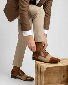 Noble Garnet Oxford shoes styled with formal outfit showcasing elegant two-tone suede and leather design