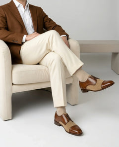 Noble Garnet Oxford shoes styled with formal outfit showcasing elegant two-tone suede and leather design