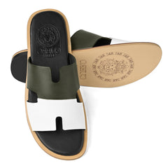 Parwaan olive green leather slippers showing Cuero by HAC embossed footbed and natural leather outsole