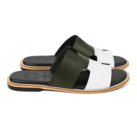 Angled pair view of Parwaan olive green and white premium leather slippers for men