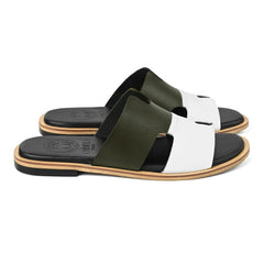 Angled pair view of Parwaan olive green and white premium leather slippers for men