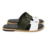 Angled pair view of Parwaan olive green and white premium leather slippers for men