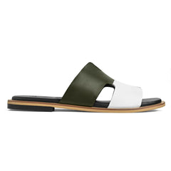 Side profile of Parwaan olive green and white leather slide slippers for men by Cuero by HAC