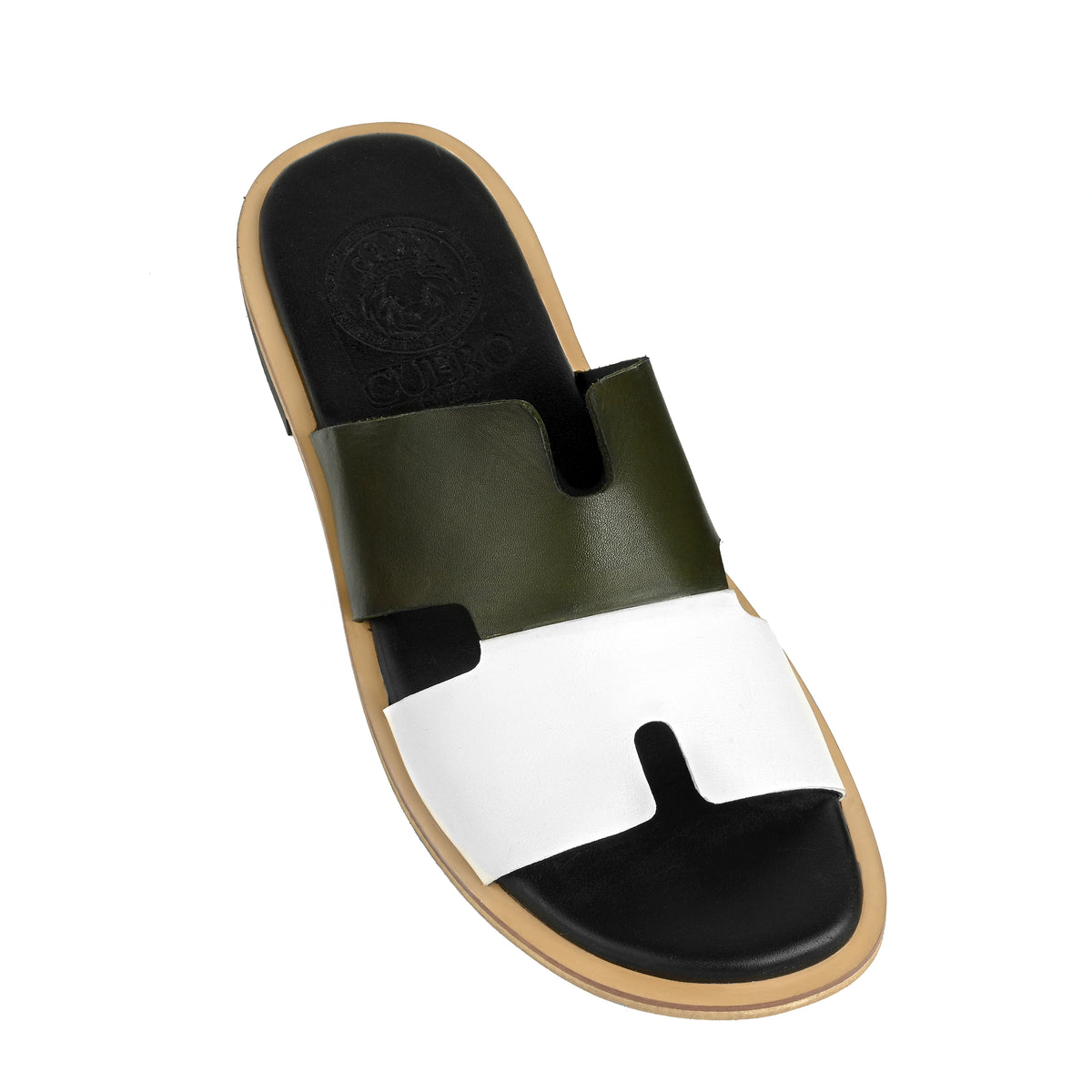 Single Parwaan olive green leather slipper with white strap from Cuero by HAC Qadam Collection