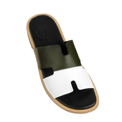 Single Parwaan olive green leather slipper with white strap from Cuero by HAC Qadam Collection