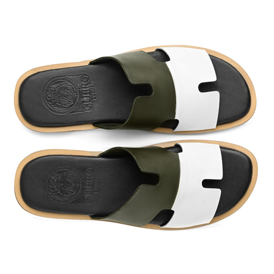 Top view of Parwaan olive green and white leather slippers for men from the Qadam Collection by Cuero by HAC