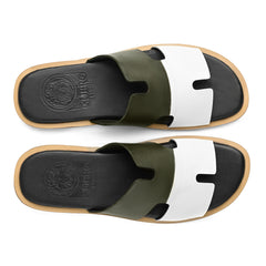 Top view of Parwaan olive green and white leather slippers for men from the Qadam Collection by Cuero by HAC