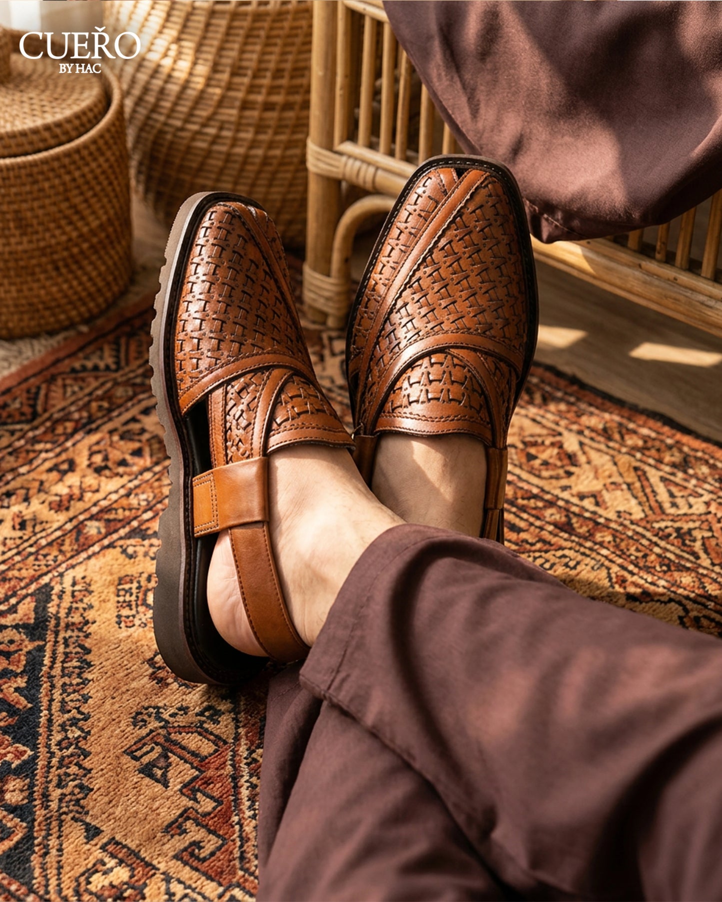Premium Pakistani leather footwear with woven basket weave detailing
