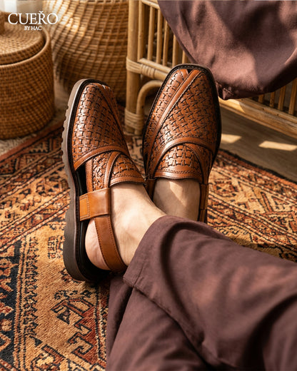 Premium Pakistani leather footwear with woven basket weave detailing