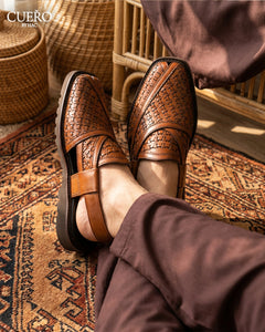 Premium Pakistani leather footwear with woven basket weave detailing