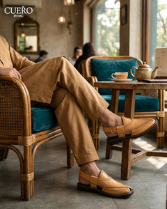 Handcrafted leather Peshawari chappal paired with modern eastern fashion