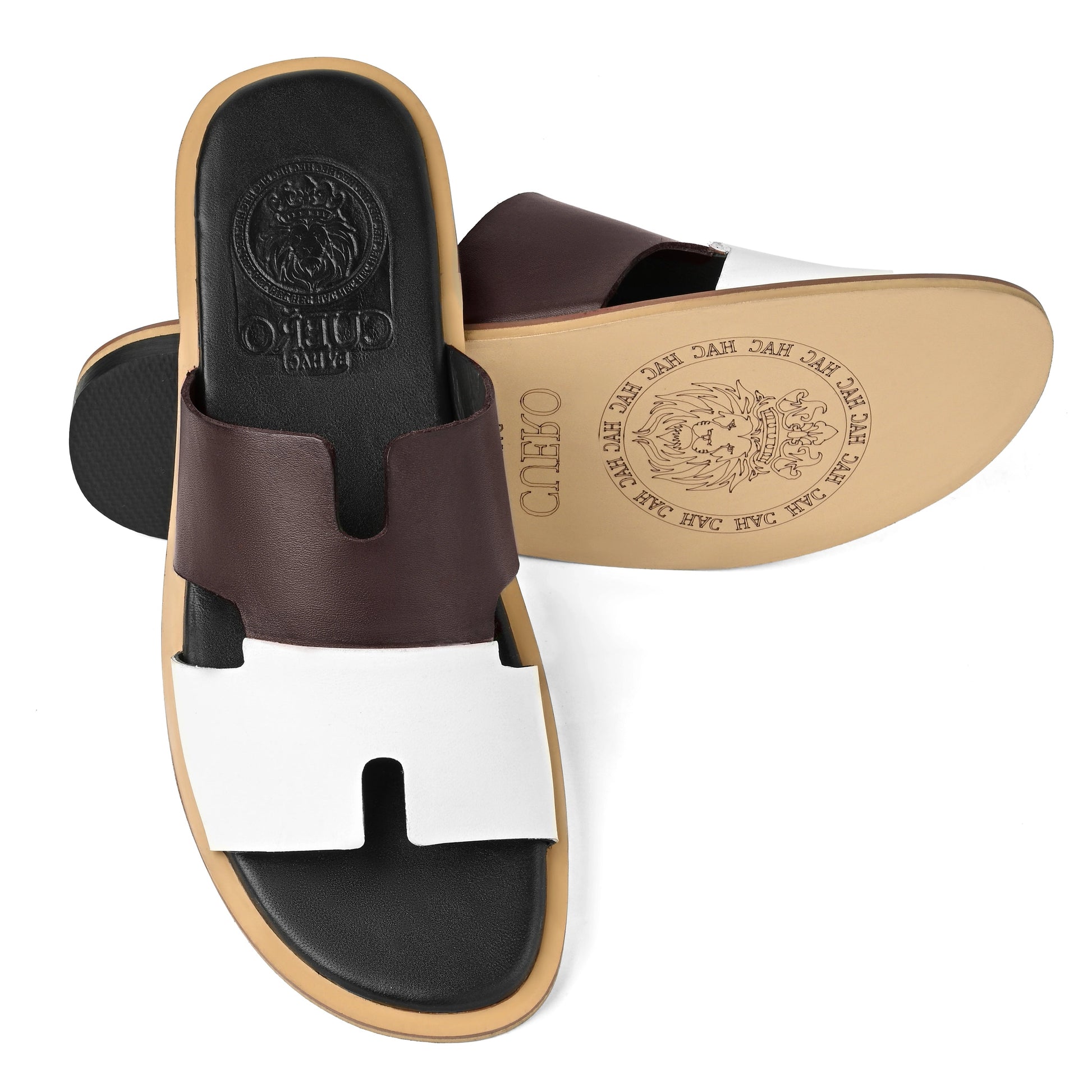Rawan burgundy white leather slippers for men showing embossed Cuero by HAC footbed and leather sole