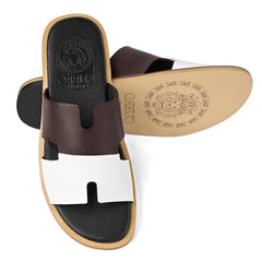 Rawan burgundy white leather slippers for men showing embossed Cuero by HAC footbed and leather sole