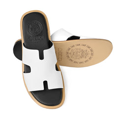 White designer leather slippers for men with embossed footbed Cuero HAC